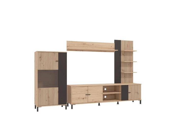 Carryhome WOHNWAND, Schwarz, Eiche Artisan, Metall, 6 Fächer, 263x167x40 cm, Wohnzimmer, Wohnwände, Anbauwände von CARRYHOME