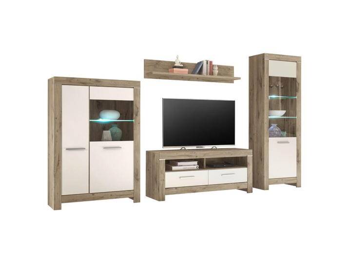 Carryhome WOHNWAND, Weiß, Eiche, Kunststoff, Holz: 8/ Glas: 3 Fächer, 2 Schubladen, 325x197x45 cm, Beleuchtung, Wohnzimmer, Wohnwände, Anbauwände von CARRYHOME