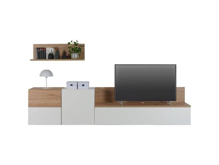 Carryhome WOHNWAND, Weiß, Eiche Artisan, 4-teilig, 2 Fächer, 295x65x42 cm, stehend, hängend, Wohnzimmer, Wohnwände, Anbauwände von CARRYHOME