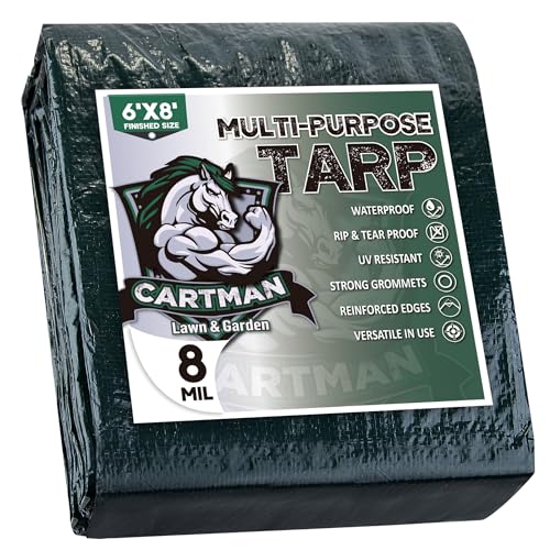CARTMAN Fertige Größe, 1,8 x 2,4 m, wasserdicht, robuste Poly-Plane, 8 mil dick(110g/m2), Mehrzweck-Schutzhülle für Notfall-Regenschutz, Camping-Plane von CARTMAN