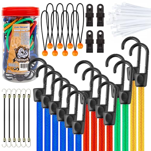Cartman Bungee Cords Sortiment Glas 32-teilig im Glas - Enthält Bungee Cord- und Canopy/Tarp Ball-Krawatten (25, 45, 60, 80 und 100 cm) von CARTMAN