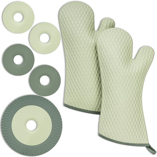 Hitzebeständiges Silikon-Backofen-Mitt- und Untersetzer-Set, wasserdicht, mit Baumwolle gefüttert, BPA-frei - 8-teiliges Küchenset Mintfarben von CARTMAN