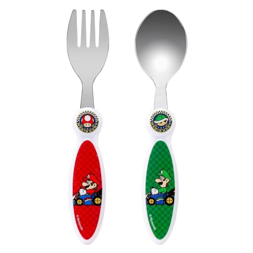 Essbesteck aus ungiftigem Edelstahl 2-teilig Löffel und Gabel für Kinder (Super Mario) von CARTOON