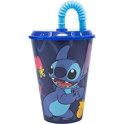 Stitch Disney Kinderbecher mit Strohhalm, wiederverwendbar, halbstarr, BPA-frei, Fassungsvermögen: 430 ml Stitch Disney Kinderbecher mit Strohhalm, wiederverwendbar, halbstarr, BPA-frei, Fassungsvermögen: 430 ml von CARTOON