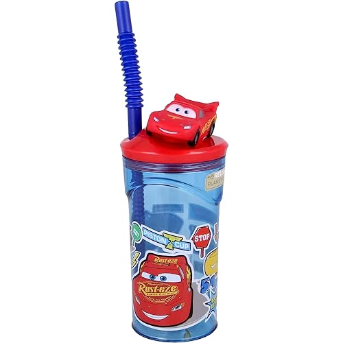 Trinkbecher mit Trinkhalm Cars Disney 3D Charakter Kunststoff wiederverwendbar BPA-frei Kapazität 360 ml von CARTOON