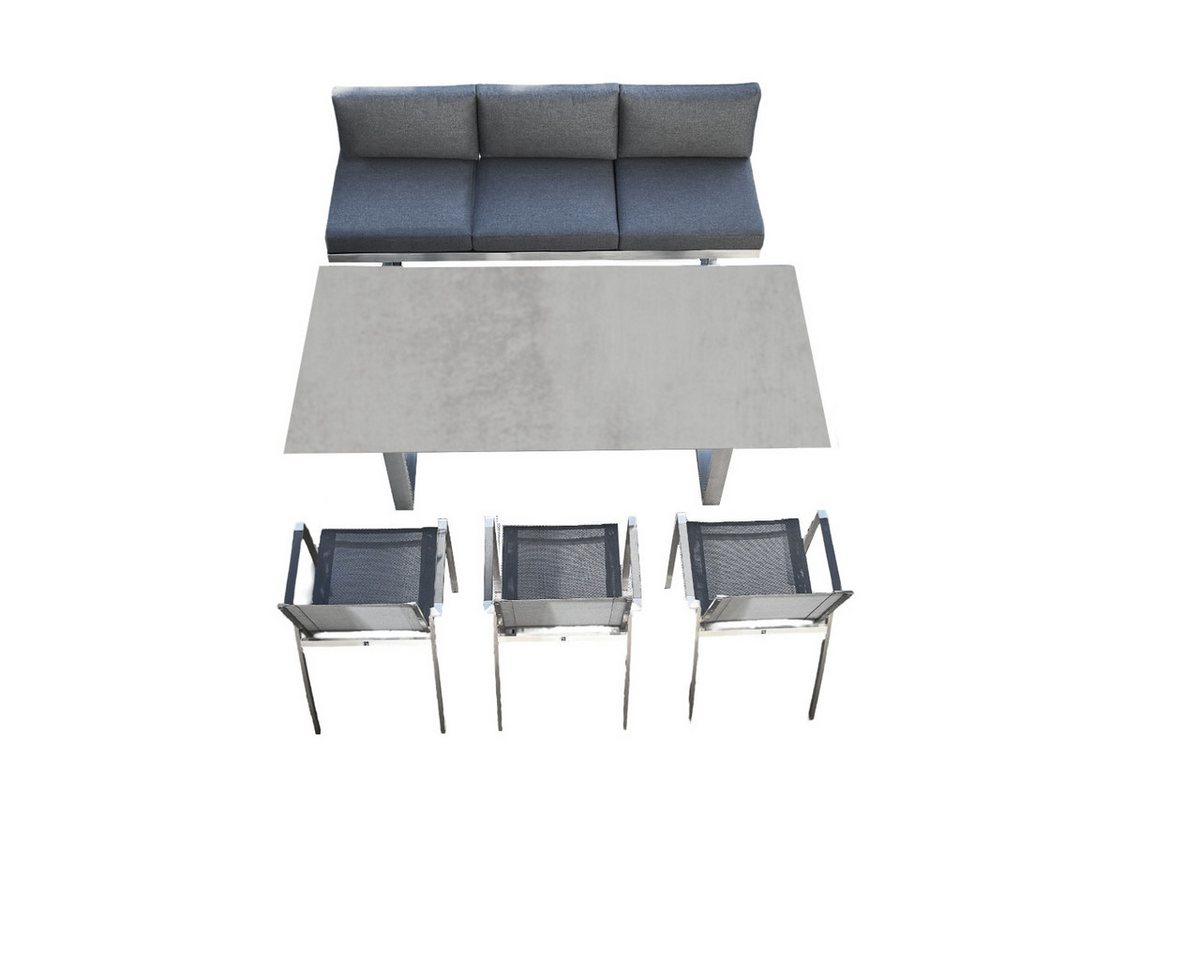 CASA DOMA Garten-Essgruppe Aragona/Falerna/Mineo, (Gartenmöbel-Set, 5-tlg., Gartentisch mit Diningbank und 3 Stapelstühlen), Edelstahl, HPL, Textilgewebe schwarz-silber von CASA DOMA