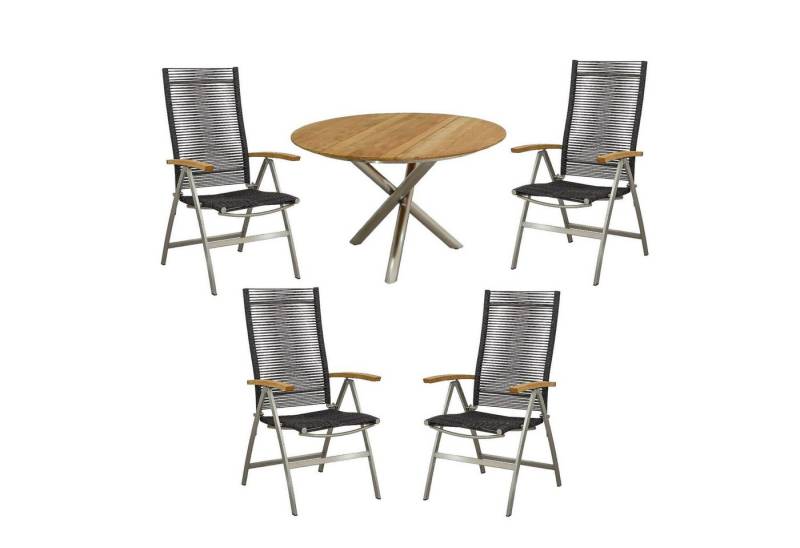 CASA DOMA Garten-Essgruppe Mineo/Perano, (Gartenmöbel-Set, 5-tlg., Runder Gartentisch mit 4 Klappsesseln), Edelstahl gebürstet, Teak-Tischplatte, Rope-Bespannung von CASA DOMA