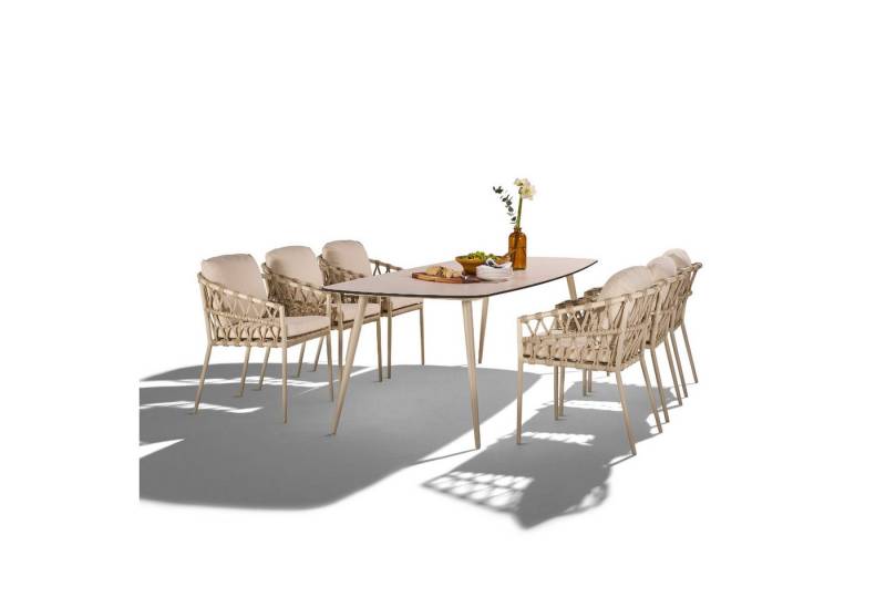 CASA DOMA Garten-Essgruppe Napola/Messina, (Gartenmöbel-Set, 7-tlg., bootsförmiger HPL-Gartentisch mit 6 Diningsesseln), Rope-Bespannung, inkl. Sitz- und Rückenkissen von CASA DOMA