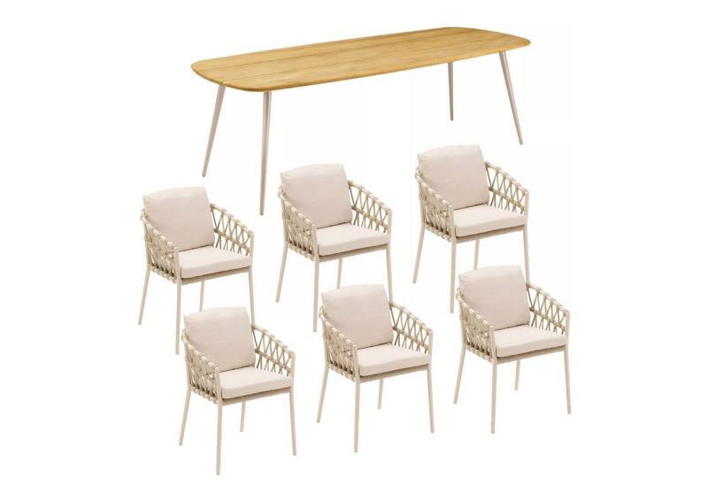 CASA DOMA Garten-Essgruppe Napola/Messina, (Gartenmöbel-Set, 7-tlg., bootsförmiger Teak-Gartentisch mit 6 Diningsesseln), Rope-Bespannung, inkl. Sitz- und Rückenkissen von CASA DOMA