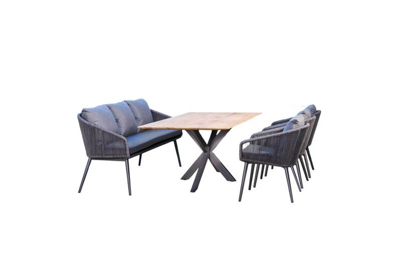 CASA DOMA Garten-Essgruppe Ribera/Alcamo, (Gartenmöbel-Set, 5-tlg., Gartentisch mit Diningbank und 3 Diningsesseln), Edelstahl anthrazit, Rope, Teakholz von CASA DOMA
