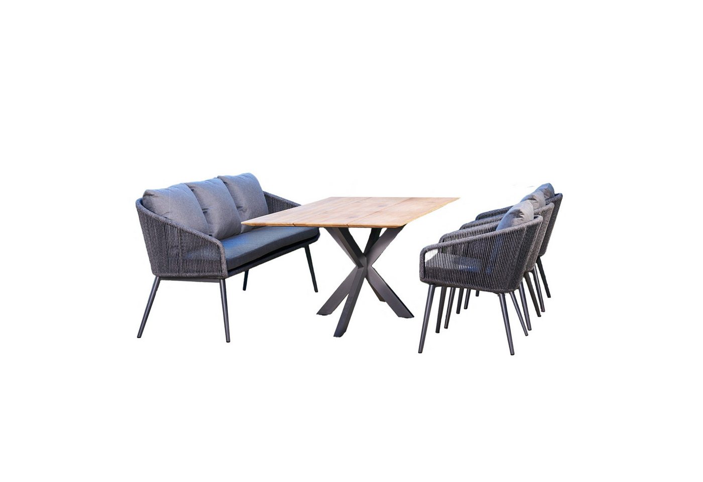 CASA DOMA Garten-Essgruppe Ribera/Alcamo, (Gartenmöbel-Set, 5-tlg., Gartentisch mit Diningbank und 3 Diningsesseln), Edelstahl anthrazit, Rope, Teakholz von CASA DOMA