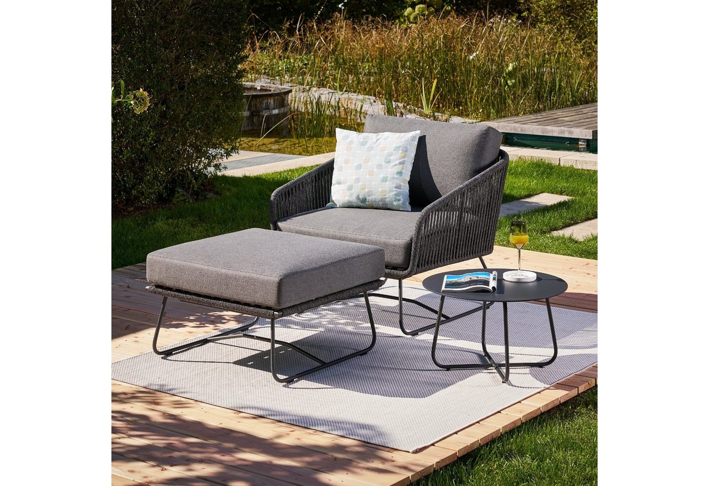 CASA DOMA Gartenlounge-Set Ribera/Arista, (3-tlg), Edelstahl anthrazit, Rope & wetterfester Outdoor-Stoff von CASA DOMA