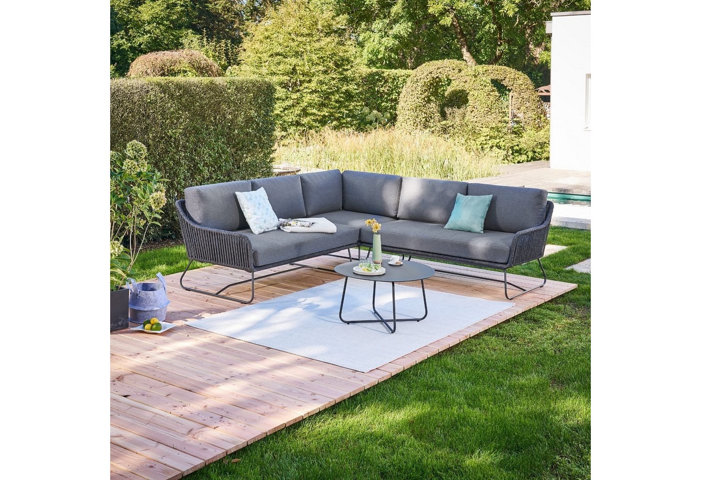 CASA DOMA Gartenlounge-Set Ribera/Arista, (Lounge-Set für 4–5 Pers., 4-tlg., Ecklounge mit Loungetisch), anthrazit, Rope & wetterfester Outdoor-Stoff von CASA DOMA