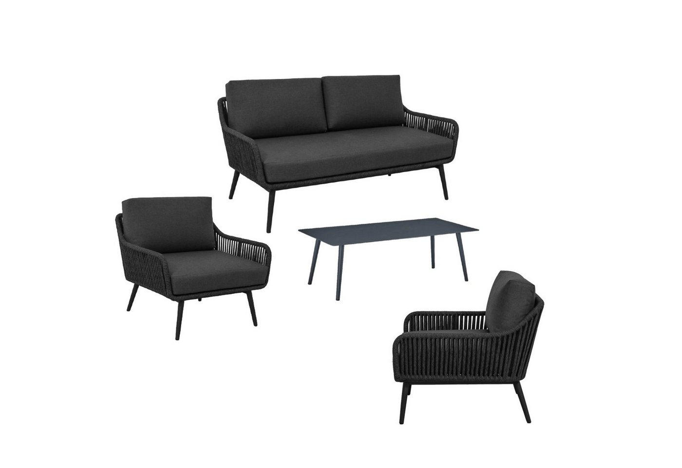 CASA DOMA Gartenlounge-Set Ribera/Arista, (Lounge-Set für 4 Pers., 4-tlg., Sofa, 2 Sessel, Tisch), wetterfester Outdoor-Stoff, Rope anthrazit, Rundrohr-Beine von CASA DOMA