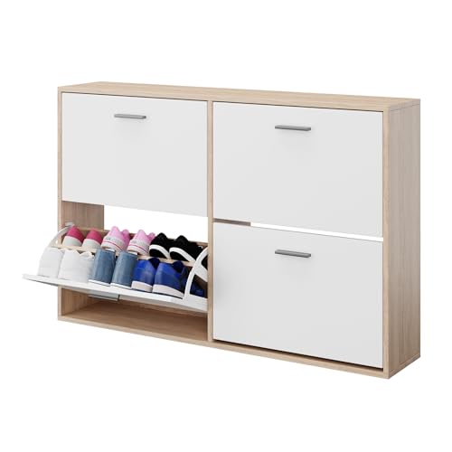 CASABEL Schuhschrank, Gesamtkapazität 24 Paar – Doppelfach – Schrank mit großem Fassungsvermögen für Eingangsbereich, Flur – L 114 x T 24 x H 80 cm – weiße Türen mit hellem Holzrahmen von CASABEL
