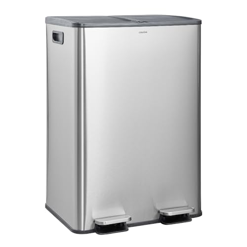 CASABEL Selektive Sortierung Küchenabfallbehälter 60L - 2 x 30 Liter, Doppelfächer, Edelstahl gebürstet, rechteckiger Wertstoffbehälter mit Pedalen, Anti Traces, Anti Odours, Französisches Unternehmen von CASABEL