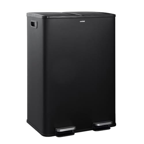 CASABEL Selektiver Sortierbehälter für Küchenabfälle 60L - 2 x 30 Liter, Doppelfächer, schwarzer Edelstahl, rechteckiger Pedal-Recyclingbehälter, Anti Traces, Anti Odors, Französisches Unternehmen von CASABEL