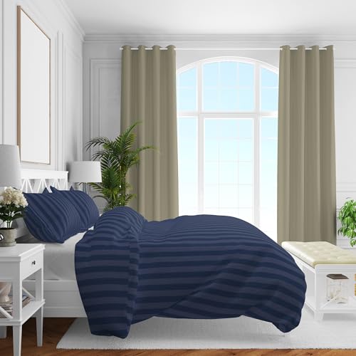 CASABEL Streifen Bettwäsche-Set aus Mako-Satin - 100% Baumwolle/Fadenzahl 220 - seidig weich, luxuriös & zeitlos - mit Reißverschluss - Dunkelblau - Deckenbezug 155 x 220 cm, Kissenbezug 80 x 80 cm von CASABEL