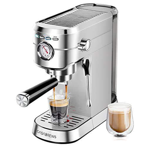 CASABREWS Espresso Siebträgermaschine 20 Bar, Edelstahl-Espressomaschine mit professionellem Milchaufschäumer, Klein Kaffeemaschine Espresso für Cappuccino, Latte & Macchiato, 1L Wassertank, silber von CASABREWS