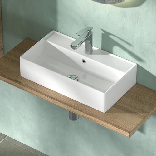 CASAMO Waschbecken Waschtisch aus Keramik - Aufsatzwaschbecken Bad - Hängewaschbecken Eckig - Waschtisch/Waschplätze Gäste WC Weiß 55 x 31 x 13 cm von CASAMO