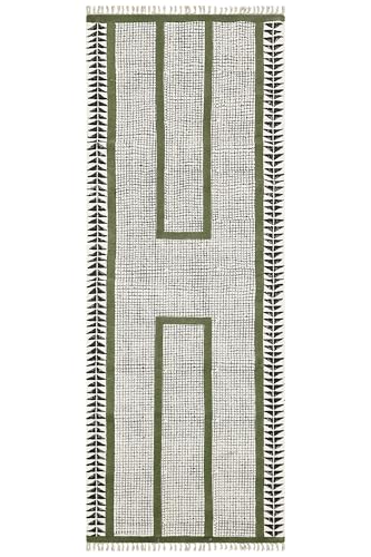 Baumwoll-Läufer, 10,2 x 30,5 cm, gestreiftes Design, grün-schwarz, handbedruckt, Baumwolle, dick, 0,5 cm, leicht waschbar, handgefertigt, Boho-Bodenteppich, Flachgewebe, für drinnen und draußen Baumwoll-Läufer, 10,2 x 30,5 cm, gestreiftes Design, grün-schwarz, handbedruckt, Baumwolle, dick, 0,5 cm, leicht waschbar, handgefertigt, Boho-Bodenteppich, Flachgewebe, für drinnen und draußen von CASAVANI