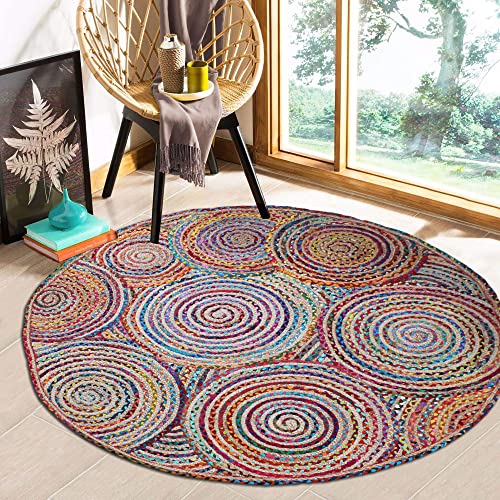 CASAVANI Bohemian Chindi Baumwolle Runde Jute-Teppiche Handgefertigt Geflochten Jute-Teppich Outdoor Fußmatten Jute-Teppich Indisch Handgefertigt Bereich 150 x 150 cm (5 x 5 Fuß im Quadrat) von CASAVANI