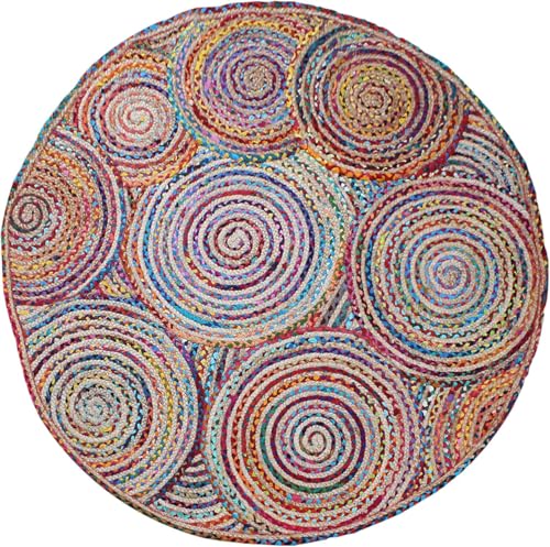 CASAVANI Bohemian Chindi Baumwolle Runde Jute-Teppiche Handgefertigt Geflochten Jute-Teppich Outdoor Fußmatten Jute-Teppich Indisch Handgefertigt Bereich 90 x 90 cm (3 x 3 Fuß im Quadrat) von CASAVANI
