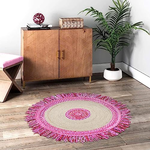 CASAVANI Collection Circle Area Teppich – 152 cm rund, rosa, handgefertigt, Boho-Stil, geflochten, Chindi-Baumwolle und Jute, ideal für stark frequentierte Bereiche im Schlafzimmer, Nachttisch, rund, von CASAVANI