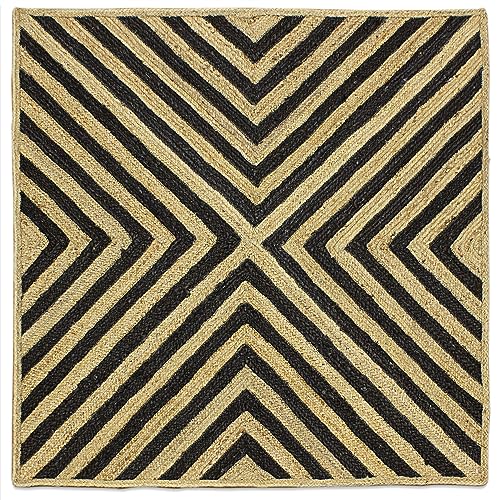 Handgeflochtener Jute-Kelim-Teppich, quadratisch, 152 cm, Beige und Schwarz, Design-Teppich, dick, 0,7 cm, geometrisches Muster, Flachgewebe, für drinnen und draußen, Teppiche für Küche, Schlafzimmer, von CASAVANI