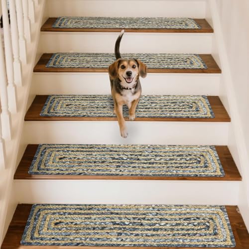 CASAVANI Kelim Stufenmatten – 21,6 x 71,1 cm, Blau und Beige, Chindi-Baumwoll-Jute-Teppiche, Flachgewebe, rustikal, gewebte Stufenmatten, dick 0,7 cm, Set für 7 Stück CASAVANI Kelim Stufenmatten – 21,6 x 71,1 cm, Blau und Beige, Chindi-Baumwoll-Jute-Teppiche, Flachgewebe, rustikal, gewebte Stufenmatten, dick 0,7 cm, Set für 7 Stück von CASAVANI