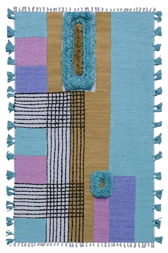 CASAVANI Kelim Teppich, 7 quadratische Teppiche für Boho-Teppich, für drinnen und draußen, himmelblau, mehrfarbig, Baumwolle, Stickerei, waschbar, Dhurrie-Flachgewebe, Teppiche für großes Esszimmer, von CASAVANI