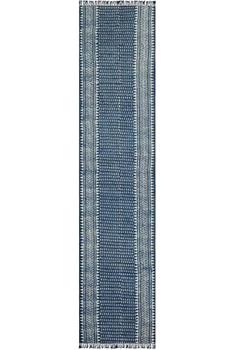 Kelim Läufer 2,6 x 4 cm Baumwolle Läufer Blau & Beige Boho Läufer Indoor Outdoor Läufer 0,5 cm Steinwaschbar Handwäsche Baumwollteppich Flachgewebe Läufer Teppiche für Küche, Nachttisch, von CASAVANI