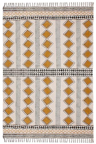 CASAVANI Quadratischer böhmischer Teppich, 90 x 90 cm, gelb, senfgelb und beige, Baumwolle, Dhurrie, waschbar, für Schlafzimmer, Wohnzimmer, Küche, handgefertigter Teppich, natürlicher Teppich von CASAVANI