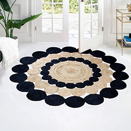 CASAVANI Kreisförmiger Teppich, 91 cm, rund, schwarz, natürliche Jutematte, geometrischer Kelim-Teppich, für drinnen und draußen, Flachgewebe, Teppiche für Schlafzimmer, Nachttisch, runder Esstisch, von CASAVANI