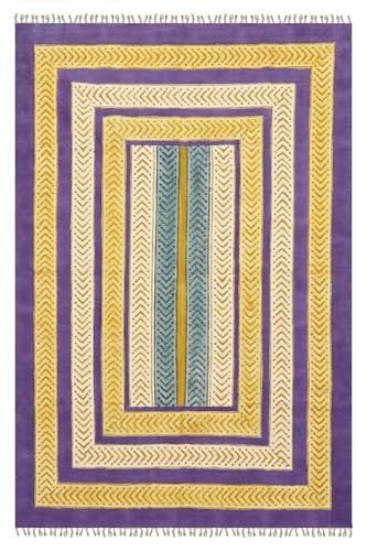 CASAVANI Quadratischer Kelim-Teppich, Baumwolle, Dhurrie-Teppich, Blockdruck, 0,5 cm dick, lila-gelb, Yogamatte, geometrisches Design, Handwäsche, handgefertigt, Boho, für drinnen und draußen CASAVANI Quadratischer Kelim-Teppich, Baumwolle, Dhurrie-Teppich, Blockdruck, 0,5 cm dick, lila-gelb, Yogamatte, geometrisches Design, Handwäsche, handgefertigt, Boho, für drinnen und draußen von CASAVANI