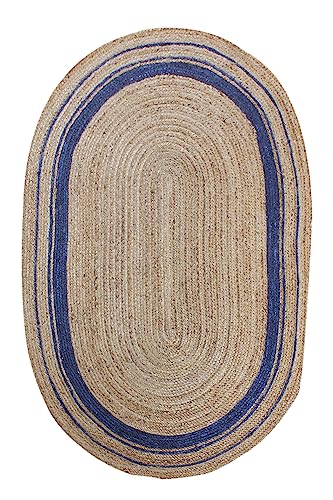 CASAVANI Teppich für Wohnzimmer, ovaler Kelim-Teppich, natürlich, oval, dick, 0,7 cm, solides Design, Beige und Blau, handgeflochtene Jute-Flachgewebe-Matte, handgefertigt, Boho-Teppiche für drinnen von CASAVANI