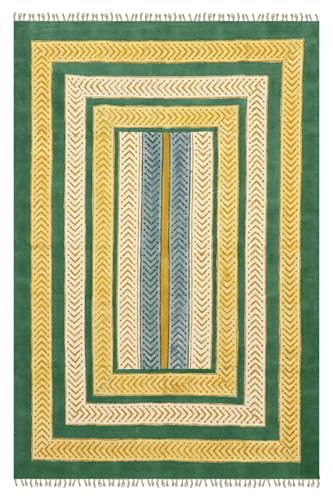 Enterway Dhurrie Boho-Teppich, geometrisches Design, dick, 0,5 cm, handbedruckt, Baumwolle, leicht waschbar, handgefertigt, Boho-Bodenteppich, Flachgewebe, für den Innenbereich, Nachttisch, Yoga von CASAVANI
