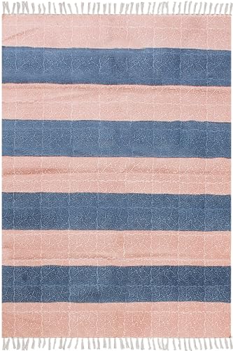 Flurläufer, 6,6 x 45,7 cm, dick, 0,5 cm, handgefertigt, Boho-Flachgewebe, gestreiftes Design, blau-rosa, handbedruckt, Baumwolle, leicht waschbar, Bodenteppich, für drinnen und draußen Flurläufer, 6,6 x 45,7 cm, dick, 0,5 cm, handgefertigt, Boho-Flachgewebe, gestreiftes Design, blau-rosa, handbedruckt, Baumwolle, leicht waschbar, Bodenteppich, für drinnen und draußen von CASAVANI