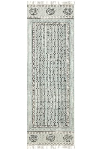 Kelim-Läufer, Flachgewebe-Läufer, leicht waschbar, Bodenteppich, dick, 0,5 cm, handgefertigt, Boho-Teppich, für drinnen und draußen, geometrisches Design, blau-schwarz, handbedruckt, Baumwolle von CASAVANI