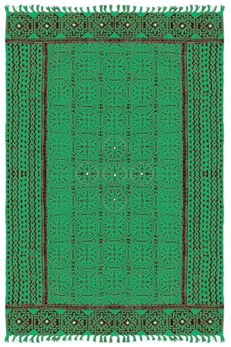 Kelim-Teppich, Baumwolle, Flachgewebe, eingefasstes Design, grün, schwarz, dick, 0,5 cm, handgefertigt, Boho, leicht waschbar, Bodenteppich, handbedruckt, Baumwolle, für drinnen und draußen von CASAVANI