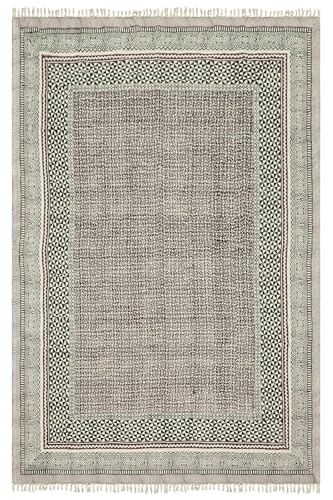 Kelim-Teppich, Baumwolle, Flachgewebe, geometrisches Design, Grün, Braun, dick, 0,5 cm, handgefertigt, Boho, leicht waschbar, Bodenteppich, handbedruckt, Baumwolle, für drinnen und draußen, Wohnzimmer von CASAVANI