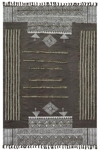 Kelim-Teppich, Outdoor-Läufer für Wohnzimmer, handgefertigt, Boho, Flachgewebe, Grau, Schwarz, geometrisch, dick, 0,5 cm, Baumwolle, handbedruckt, leicht waschbar, für den Innenbereich, Teppich für Kelim-Teppich, Outdoor-Läufer für Wohnzimmer, handgefertigt, Boho, Flachgewebe, Grau, Schwarz, geometrisch, dick, 0,5 cm, Baumwolle, handbedruckt, leicht waschbar, für den Innenbereich, Teppich für von CASAVANI