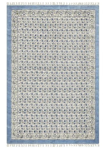 Kelim Teppich, Outdoor-Läufer für Wohnzimmer, handgefertigt, Boho, Flachgewebe, Himmelblau, Grün, Blumendesign, dick, 0,5 cm, Baumwolle, handbedruckt, leicht waschbar, für den Innenbereich, Teppich von CASAVANI