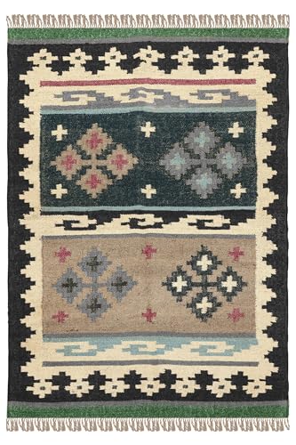 Kelim-Teppich für Schlafzimmer, 30,5 x 38,1 cm, Wolle, Jute, wendbarer Teppich, geometrisches Design, schwarz, mehrfarbig, handgewebt, dick, 0,5 cm, Flachgewebe, für drinnen und draußen, Teppiche für Kelim-Teppich für Schlafzimmer, 30,5 x 38,1 cm, Wolle, Jute, wendbarer Teppich, geometrisches Design, schwarz, mehrfarbig, handgewebt, dick, 0,5 cm, Flachgewebe, für drinnen und draußen, Teppiche für von CASAVANI