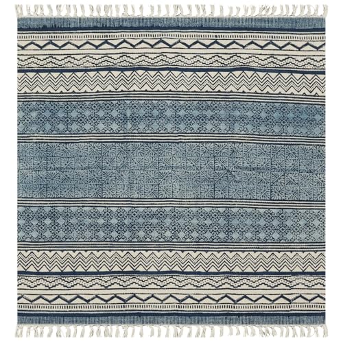 Kelim-Teppich für Wohnzimmer, 30,5 x 45,7 cm, dick, 0,5 cm, geometrisches Design, blau, beige, handgefertigt, Boho-Flachgewebe, leicht waschbar, handbedruckt, Baumwolle, Dhurrie für Schlafzimmer, Flur von CASAVANI