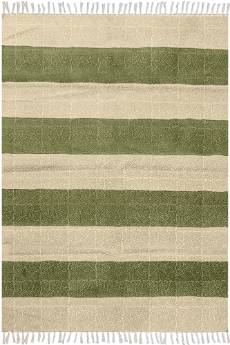 Kelim-Teppich für Wohnzimmer, 30,5 x 45,7 cm, für drinnen und draußen, Flachgewebe, handgefertigt, Boho-Streifen-Design, grün, beige, dick, 0,5 cm, Baumwolle, handbedruckt, leicht waschbar, für Kelim-Teppich für Wohnzimmer, 30,5 x 45,7 cm, für drinnen und draußen, Flachgewebe, handgefertigt, Boho-Streifen-Design, grün, beige, dick, 0,5 cm, Baumwolle, handbedruckt, leicht waschbar, für von CASAVANI