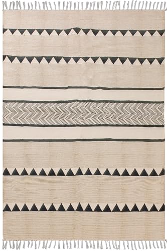 Kelim-Teppich für Wohnzimmer, 30,5 x 45,7 cm, für drinnen und draußen, Flachgewebe-Teppich, handgefertigt, Boho, gestreiftes Design, braun, schwarz, dick, 0,5 cm, Baumwolle, handbedruckt, leicht von CASAVANI