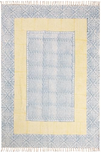 Küchenläufer, 5 x 30,5 cm, 0,5 cm, blau-gelbes Design, handgefertigt, Boho-Flachgewebe, handbedruckt, Baumwolle, leicht waschbar, Bodenteppich, für drinnen und draußen, Nachttisch, Eingangsbereich von CASAVANI