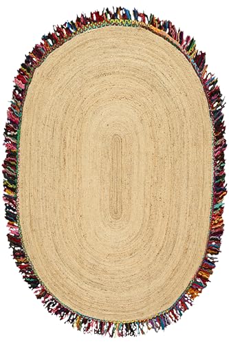 Ovaler Jute-Teppich für Schlafzimmer, Kelim-Teppich, Flachgewebe, natürliche Jute, dick, 0,7 cm, einfarbiges Muster, Beige und mehrfarbig, handgeflochtene Chindi-Baumwolle, Jute, Boho-Teppiche für Ovaler Jute-Teppich für Schlafzimmer, Kelim-Teppich, Flachgewebe, natürliche Jute, dick, 0,7 cm, einfarbiges Muster, Beige und mehrfarbig, handgeflochtene Chindi-Baumwolle, Jute, Boho-Teppiche für von CASAVANI