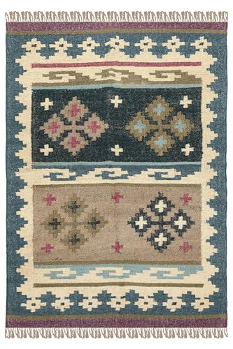Wendbarer Kelim-Teppich, 25,4 x 45,7 cm, südwestliche Wolle, Jute, geometrisches Design, grau, mehrfarbig, handgewebt, dick, 0,5 cm, Flachgewebe-Teppich, für drinnen und draußen, Teppiche für von CASAVANI